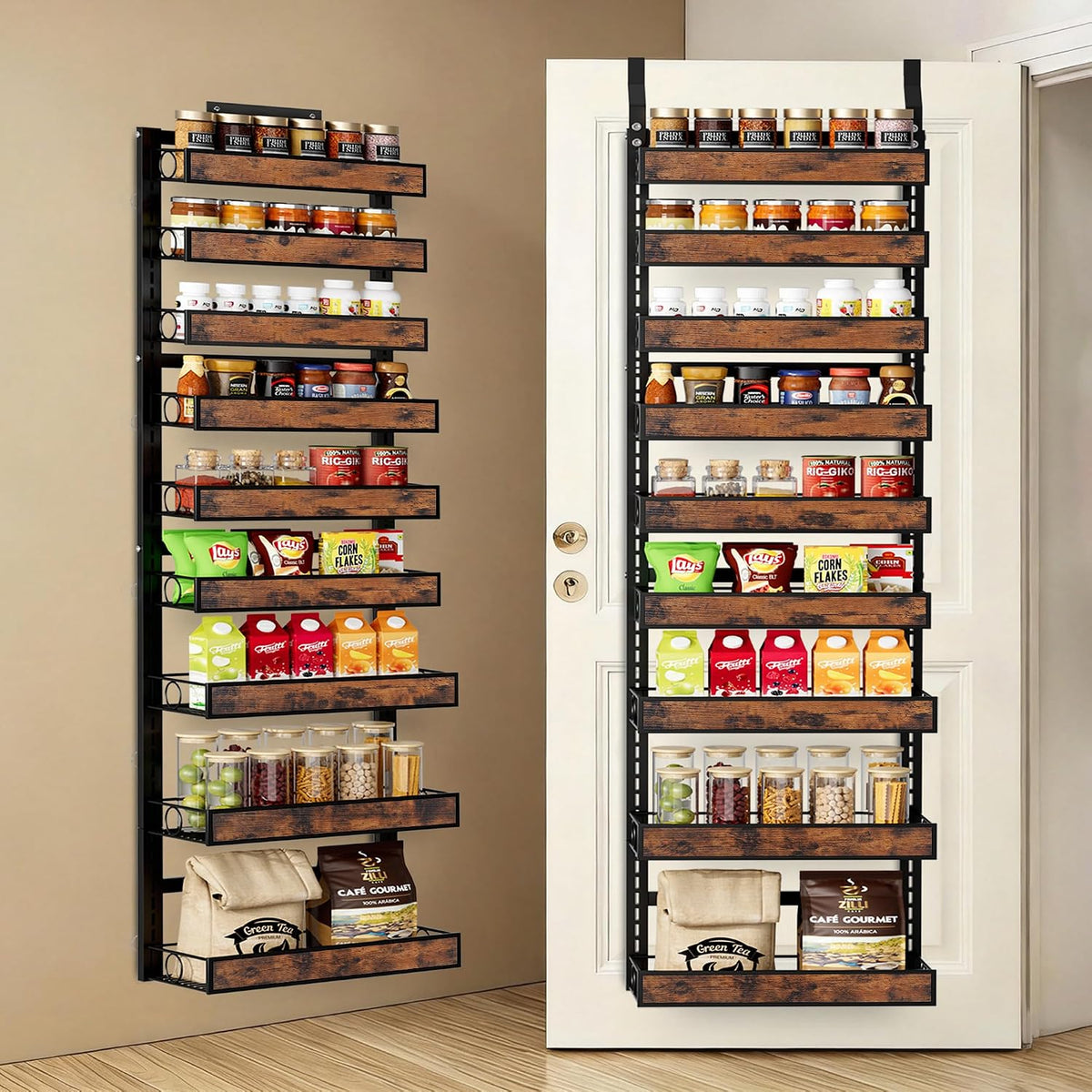 9 Tier Over The Door Pantry Orangizer 2 IN 1 Wall Mounted or Hanging Spice Rack with Adjustable Wood Basket,Heavy Duty Seasoning Storage Shelf for Kitchen Pantry and Bathroom Black