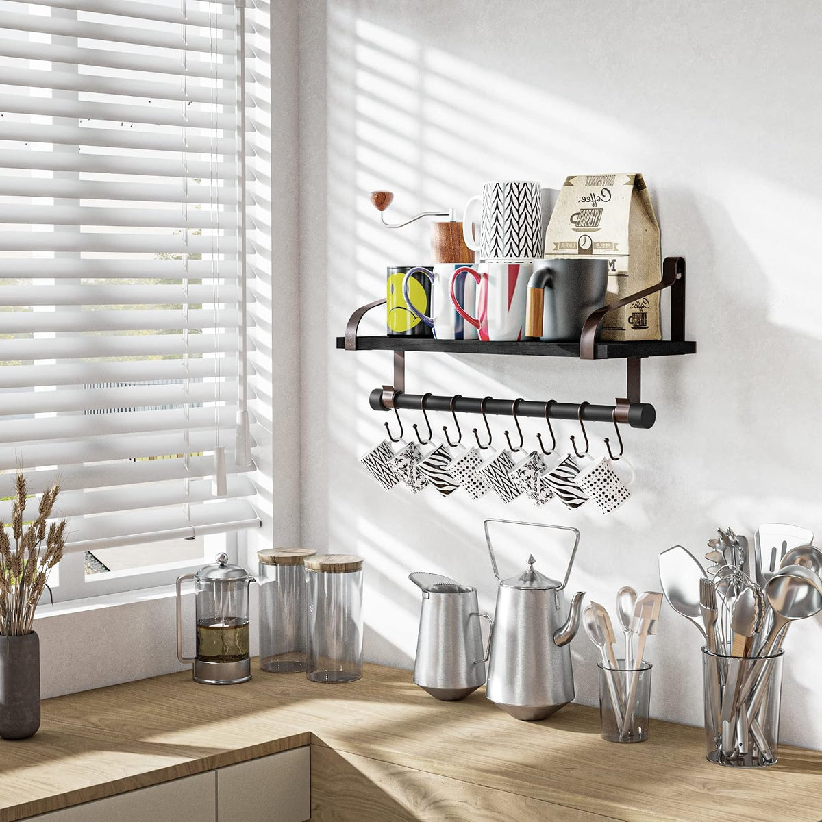 Love-KANKEI 17.3" Floating Wall Shelf Wood/Bracket,Coffee Bar,Black/Brown