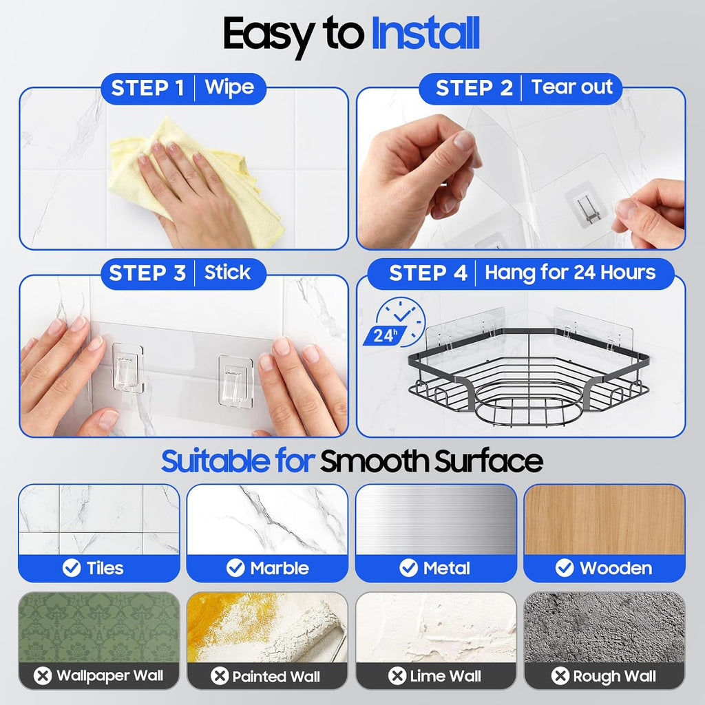 Corner Shower Caddy, Rustproof Shower Organizer with Soap Holder and 8 Hooks, No Drilling Adhesive Shower Shelves for Inside Shower, Large Capacity Shower Rack for Bathroom Shower Storage, X-Large