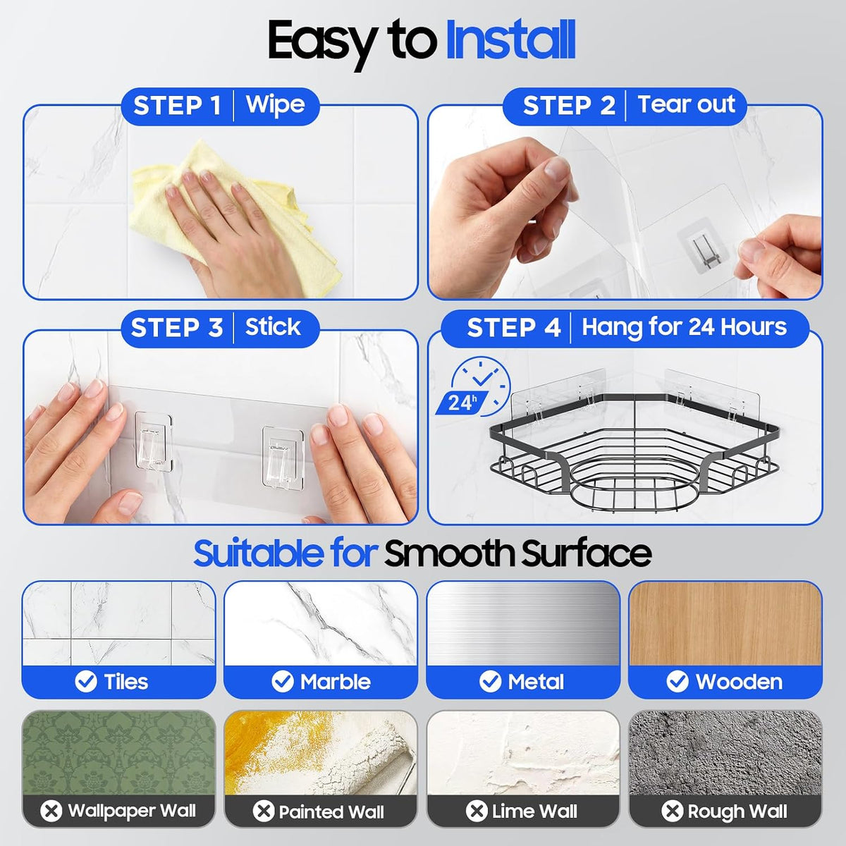 Corner Shower Caddy, Rustproof Shower Organizer with Soap Holder and 8 Hooks, No Drilling Adhesive Shower Shelves for Inside Shower, Large Capacity Shower Rack for Bathroom Shower Storage, X-Large