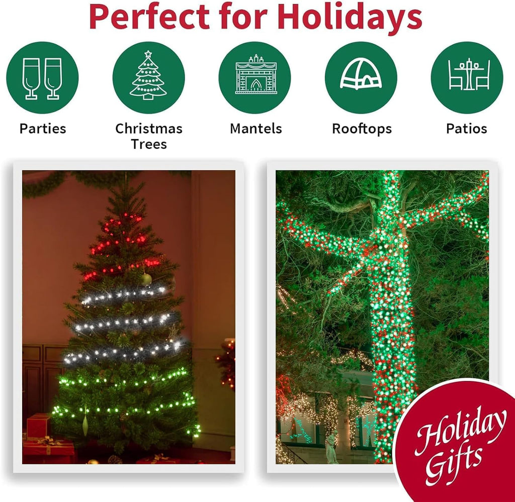 LAMPHOME Red Green White String Lights, 65.3ft 200 LED Christmas String Lights, Mini Fairy Starry Plug in with16 Modes for Outdoor Xmas Tree Wedding Party Decoration