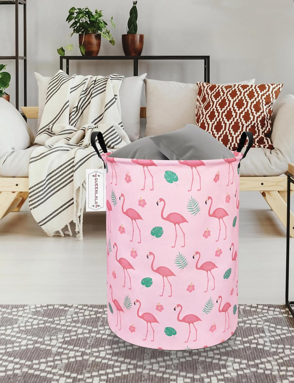 Foldable Waterproof Round Fabric Laundry Basket Home, Pink Flamingo