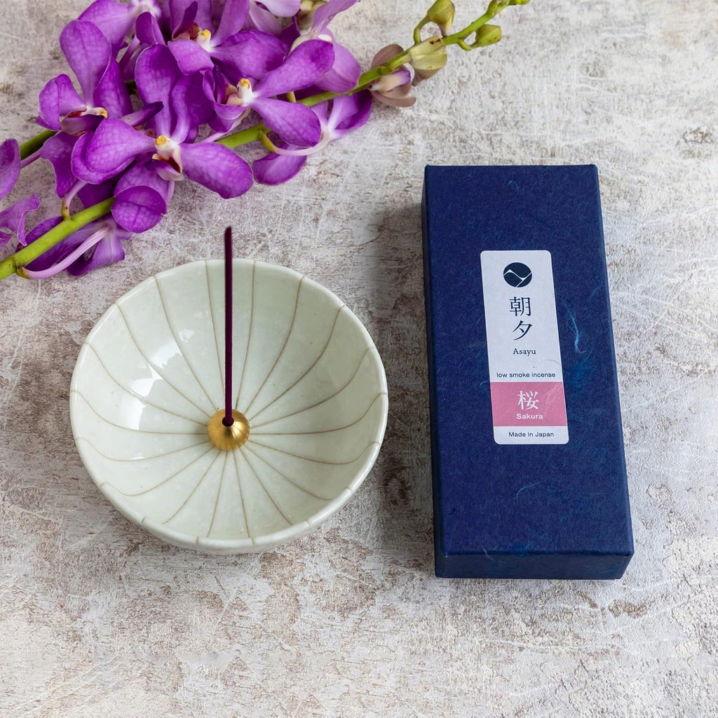 Asayu Japan Sakura Incense Gift Set with White Lotus Holder, Low Smoke
