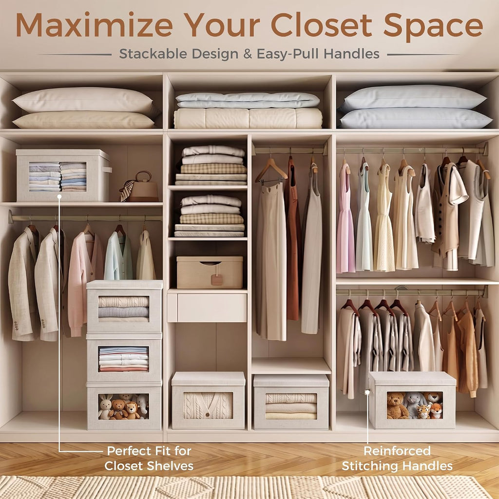 3-Pack Storage Bins with Lids & Clear Window, Foldable Fabric Closet Organizer Boxes, Stackable Cube Baskets with Soft Handles for Clothes & Blankets, 15", Beige