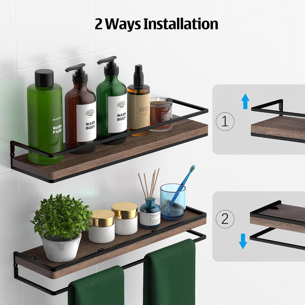 Meangood Walnut Floating Shelves for Wall, 17 inch Bathroom Shelf, Set of 2