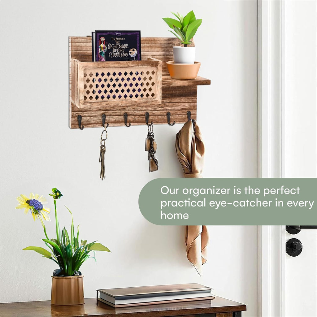 Wooden Key Holder Wall Mount - 9"x16"x2.5" - Brown - Hanging Mail Sorter and Key Holder for Wall - Hallway Hanger Shelf with Coat Hooks - Decorative Organizer Rack