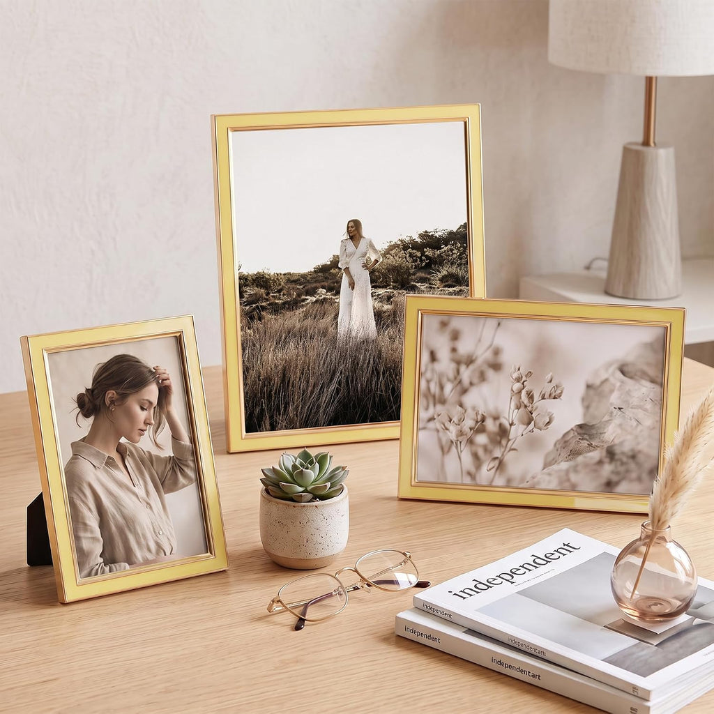 Venusmiles 5x7 Enamel Picture Frames with Tempered Glass, 1 Pack Yellow Photo Frame with Gold Metal Edge, Horizontal and Vertical Display Pictures 5x7 for Wall and Tabletop, Bookshelf, Wall Decor