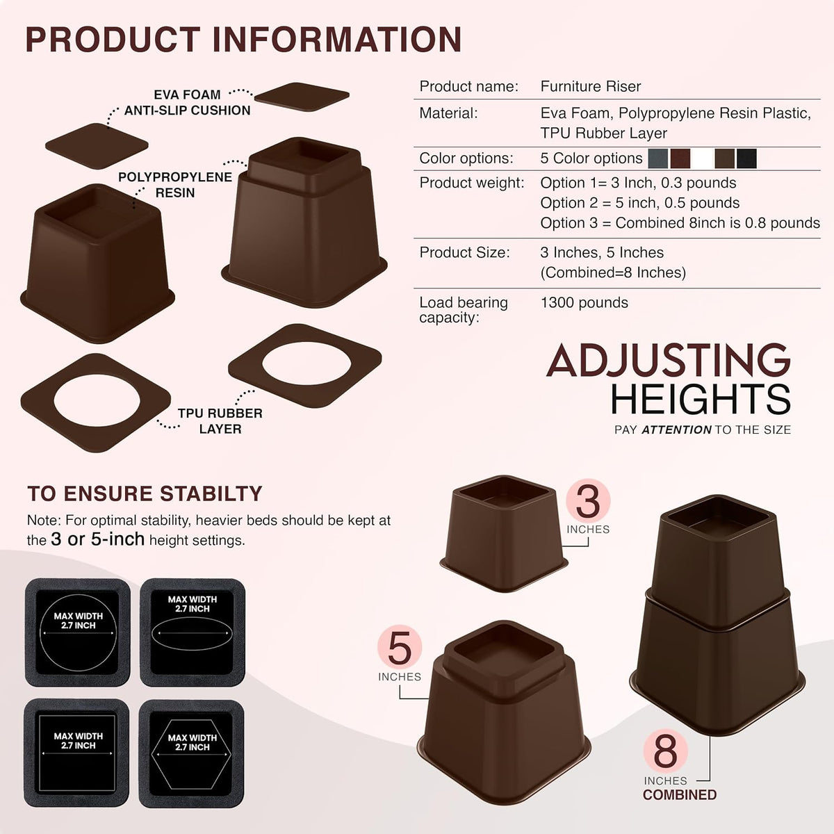 Utopia Bedding Adjustable Bed Risers 3 & 5 Inch, Brown, 4-Pack