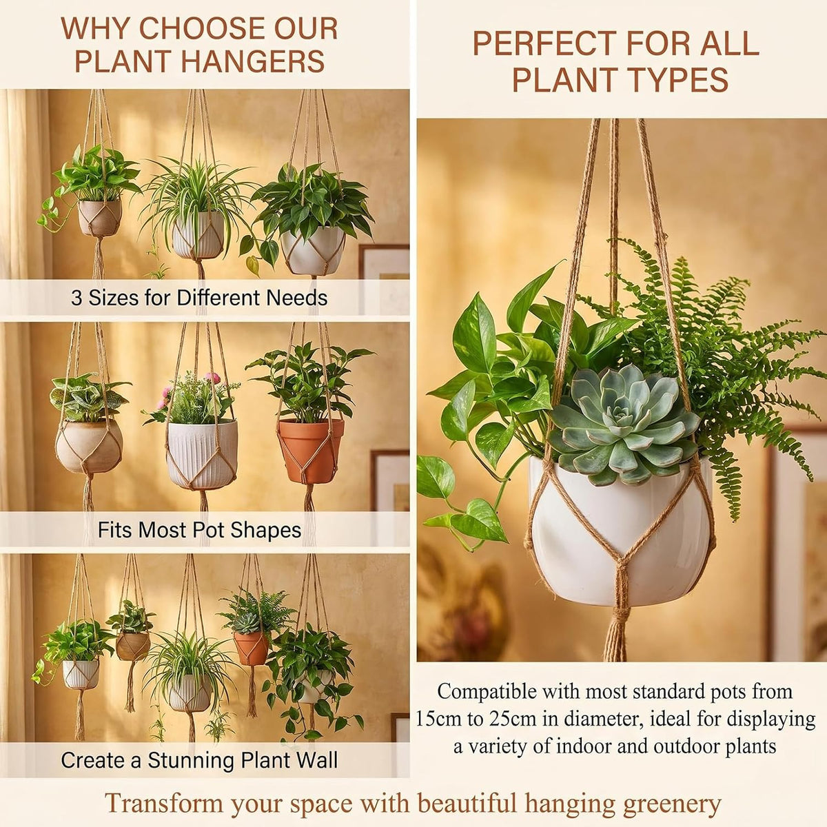 VASANA 3Pcs Macrame Plant Hanger Rope with Gold Hook Tassel3 Different Size Outdoor Indoor Hanging Planter Basket Decorative Flower Pot Holder for Boho Home Decor (Pots Not Included)