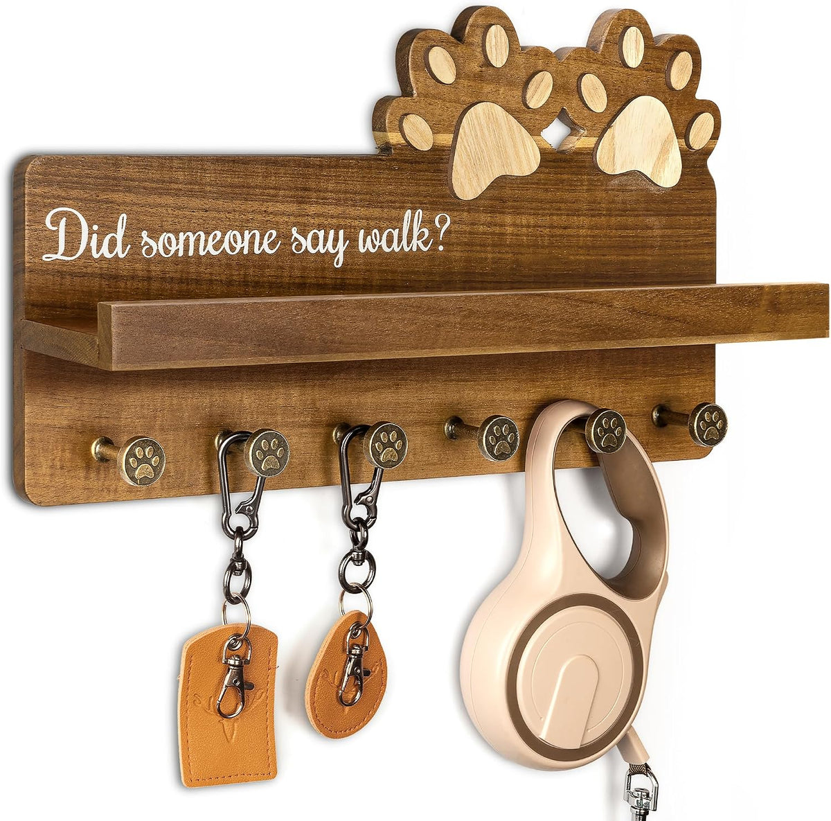 MTERSN Acacia Wood Dog Leash Holder for Wall with Shelf & 6 Hooks, Brown