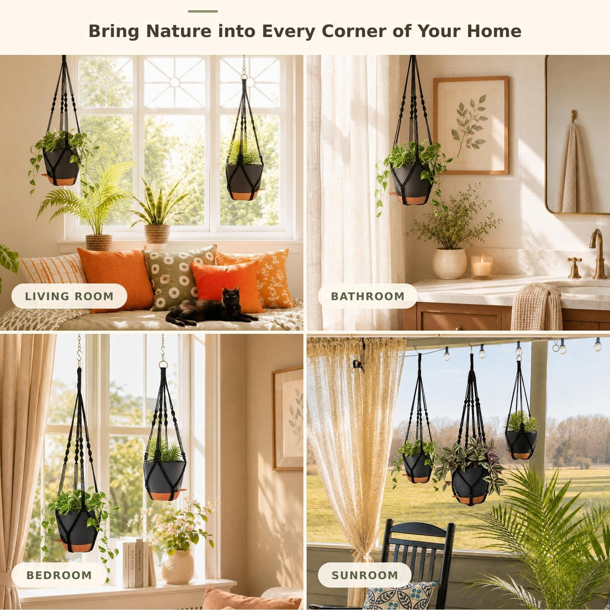 Bouqlife 3 Pack Self Watering Hanging Planters Macrame Plant Hangers with Indoor Flower Pots, 3 Different Size Hanging Basket, Plant Hanger with Hooks for Garden Home Decor Black