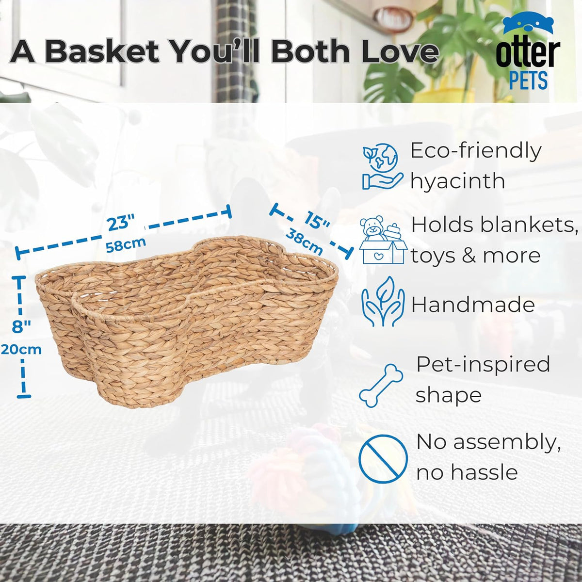 OtterPets Dog Toy Basket, Hyacinth Bone Shaped Dog Toy Bin, 23"x15"