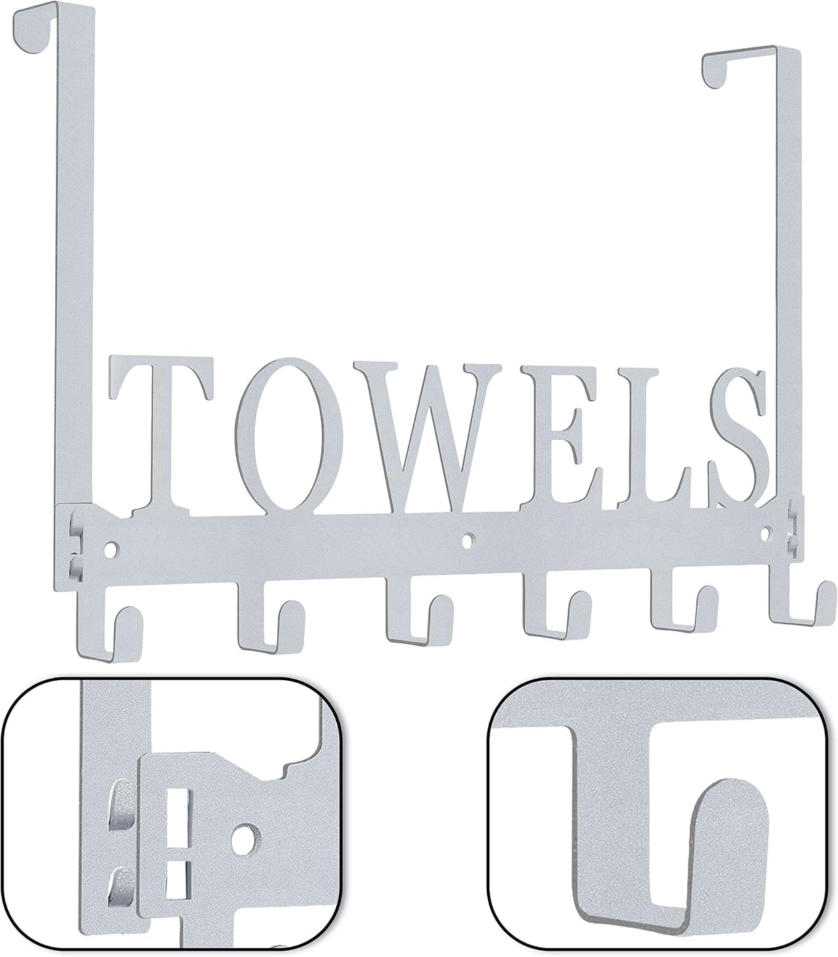 Over The Door Hooks, Towel Rack for Bathroom, Door Mount Towel Hooks Bath Towel Hanger for Bedroom Kitchen Pool Beach Towels Bathrobe Wall Mount Towel Holder for Bathrooms (6 Hooks, Silver Grey)