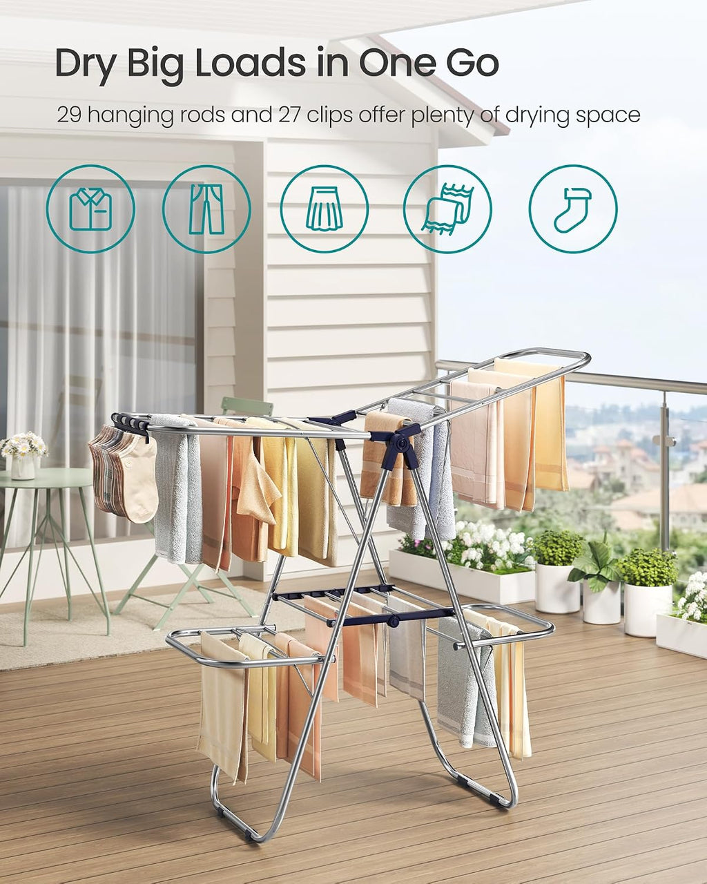 SONGMICS Clothes Drying Rack, Foldable Metal Airer, 51.2 x 19.3 x 61.8 in