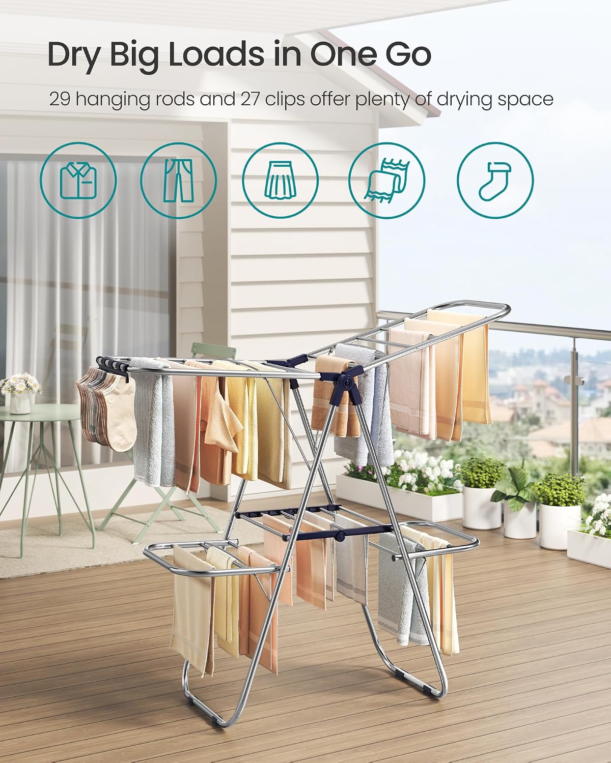 SONGMICS Clothes Drying Rack, Foldable Metal Airer, 51.2 x 19.3 x 61.8 in