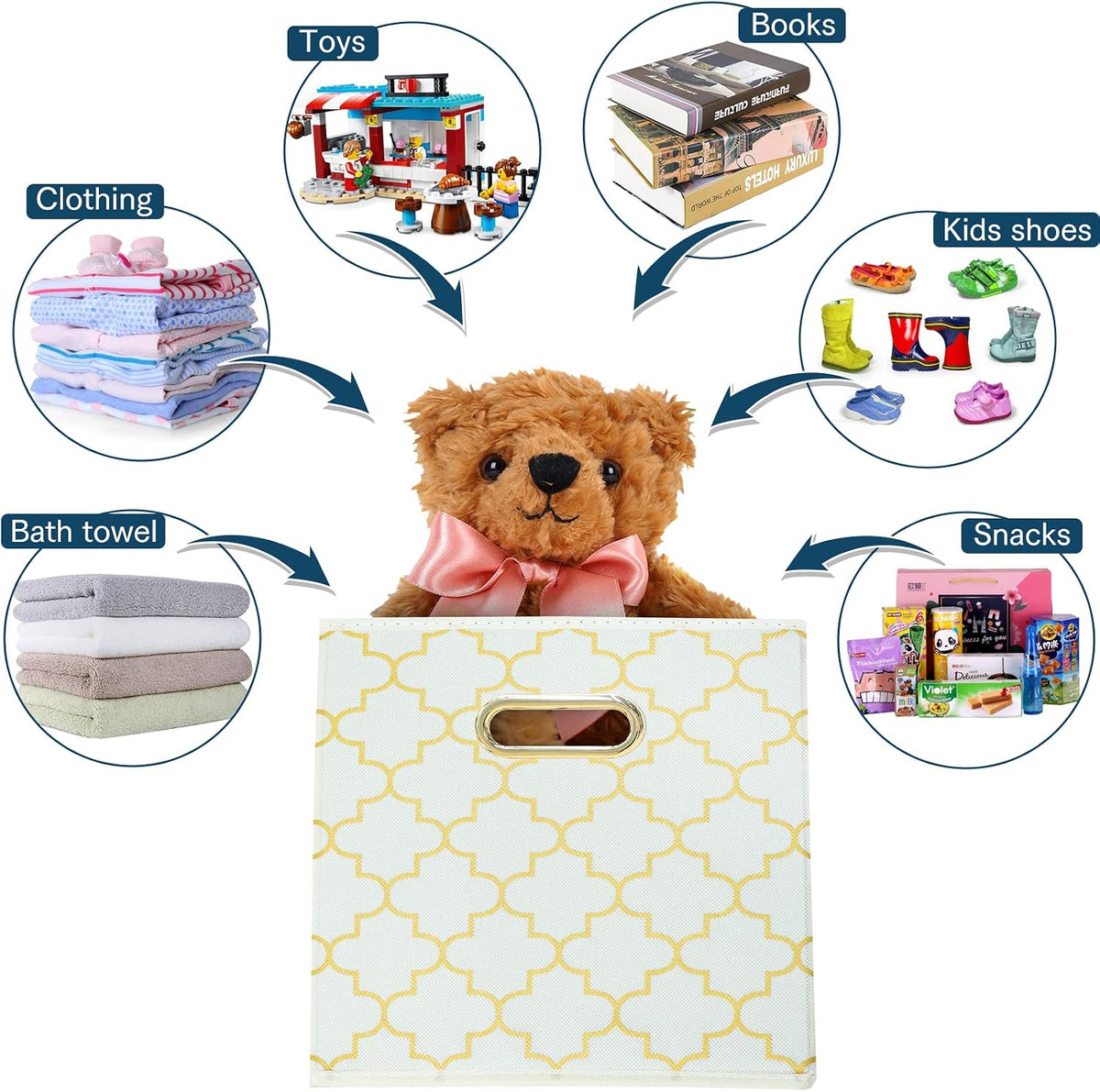 Fabric storage bins Cubes, Fabric Cube Organizer with Handle, Foldable Cube Bins for Cloth or Accessary Storage, 11x11x11, Set of 3, (Creamy-White Gold)