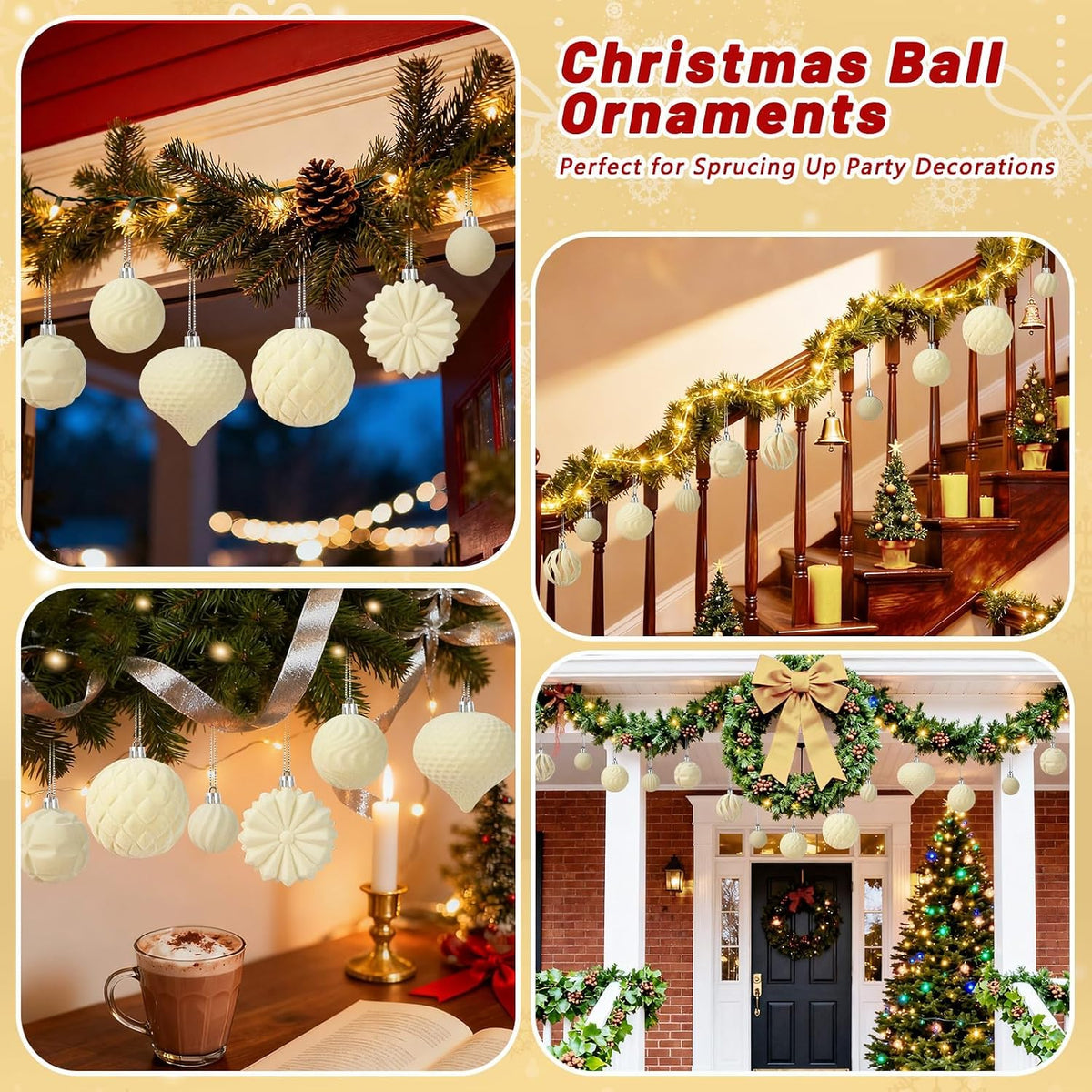 48 Pcs Velvet Christmas Ball Ornaments Set for Xmas Tree Decor(Cream Yellow