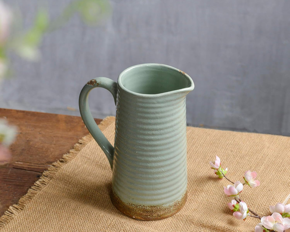 Quoowiit Ceramic Rustic Vase with Handle, Green Distressed Decorative Farmhouse Pitcher Vase for Home Decor Living Room Bedroom Kitchen Office Shelf Decor Centerpiece Table Decoration