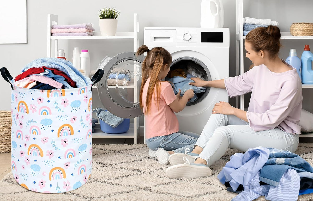 Pastel Rainbow Floral Laundry Hamper, Round Foldable Storage Basket with PU Leather Handles and Water-Resistant Lining for Bedroom, Dorm, Nursery, Clothes and Toys