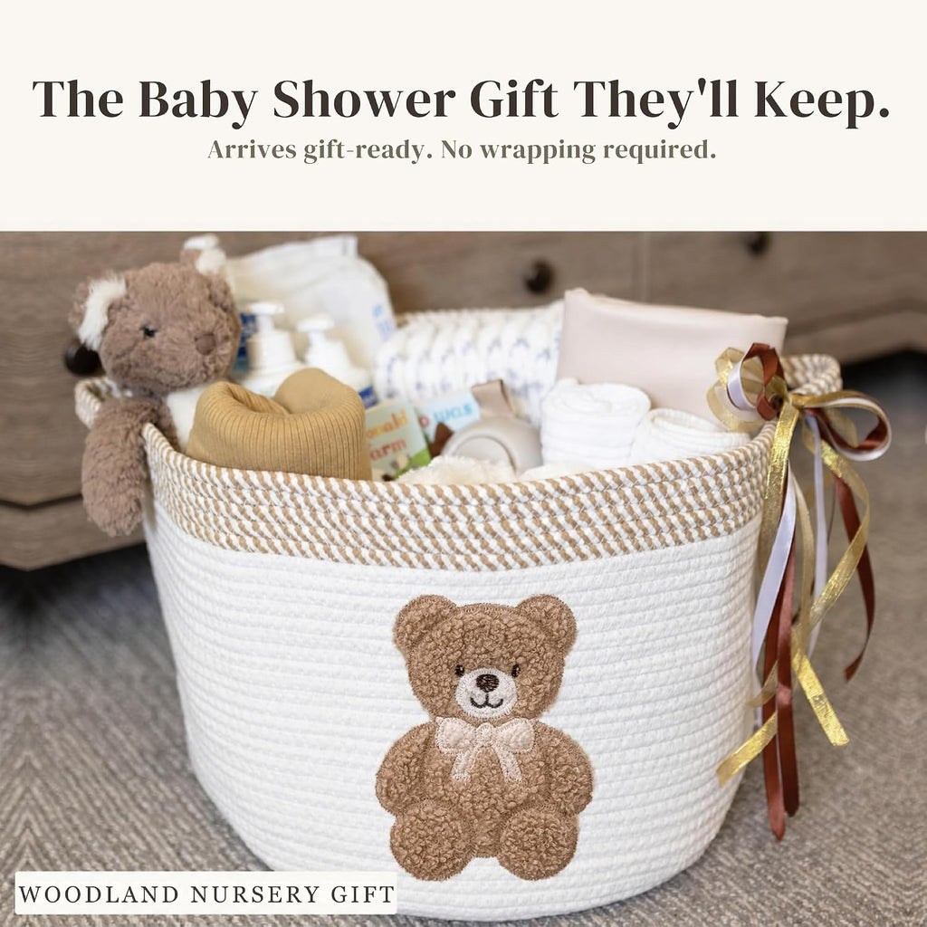 Teddy Bear Baby Storage Basket, Woven Cotton Rope Nursery Bin, 15x11 in