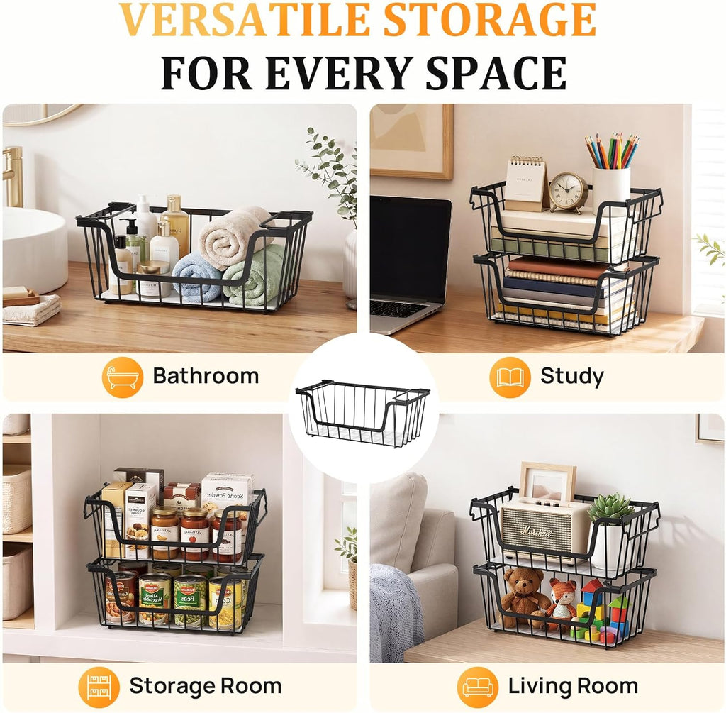 SUNALLY Stackable Storage Bins 4 Pcs Wire Baskets Freezer Organizer, Black