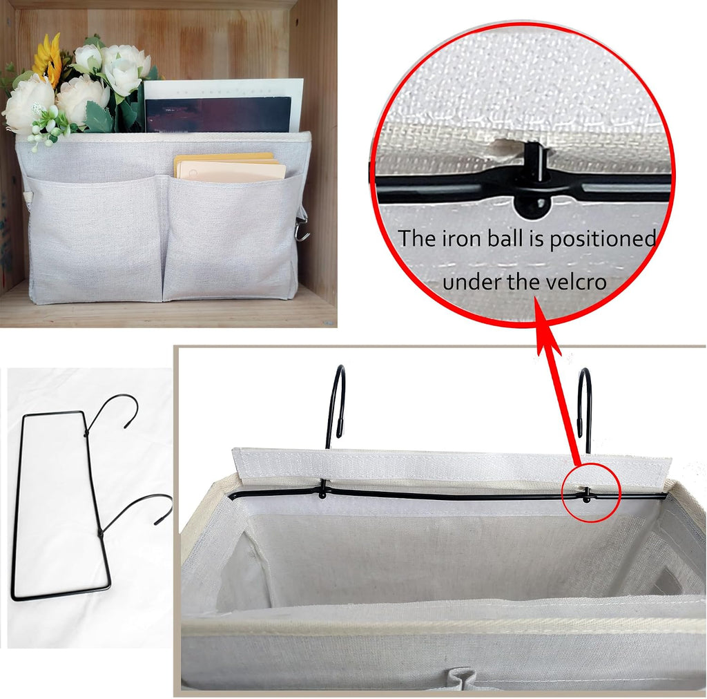 Bedside Caddy Organizer - Bedside Hanging Storage Bag with Hooks, Dorm Essentials Caddy for Bunk Bed & Dorm Bed Rails, Holds Books, Phones, Tablets, Glasses, Magazines & More (White)