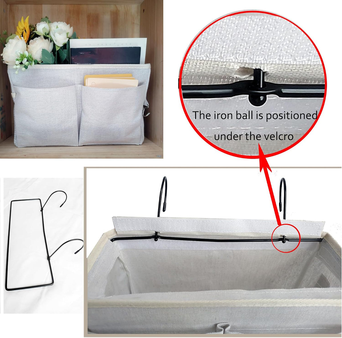Bedside Caddy Organizer - Bedside Hanging Storage Bag with Hooks, Dorm Essentials Caddy for Bunk Bed & Dorm Bed Rails, Holds Books, Phones, Tablets, Glasses, Magazines & More (White)