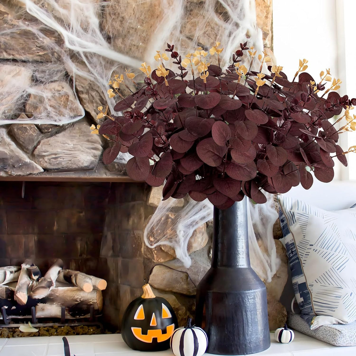 Yen Jean 20PCS Dark Wine Red Halloween Eucalyptus Stems Artificial Fake Flowers Bulk Decorations, Burgundy Branches for Indoor Table Centerpieces Party Supplies