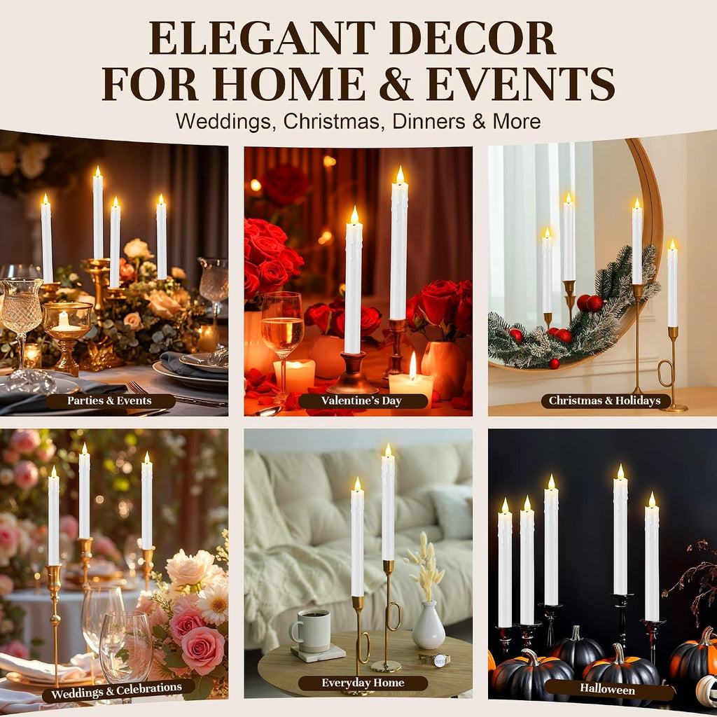 Enhon 6 Pack Flameless Taper Candles with Remote & Batteries, 10" White LED Candle Sticks, 3D Wick & Wax Drip Design, 624+ Hour Battery Operated Candles for Home, Wedding & Christmas Decor