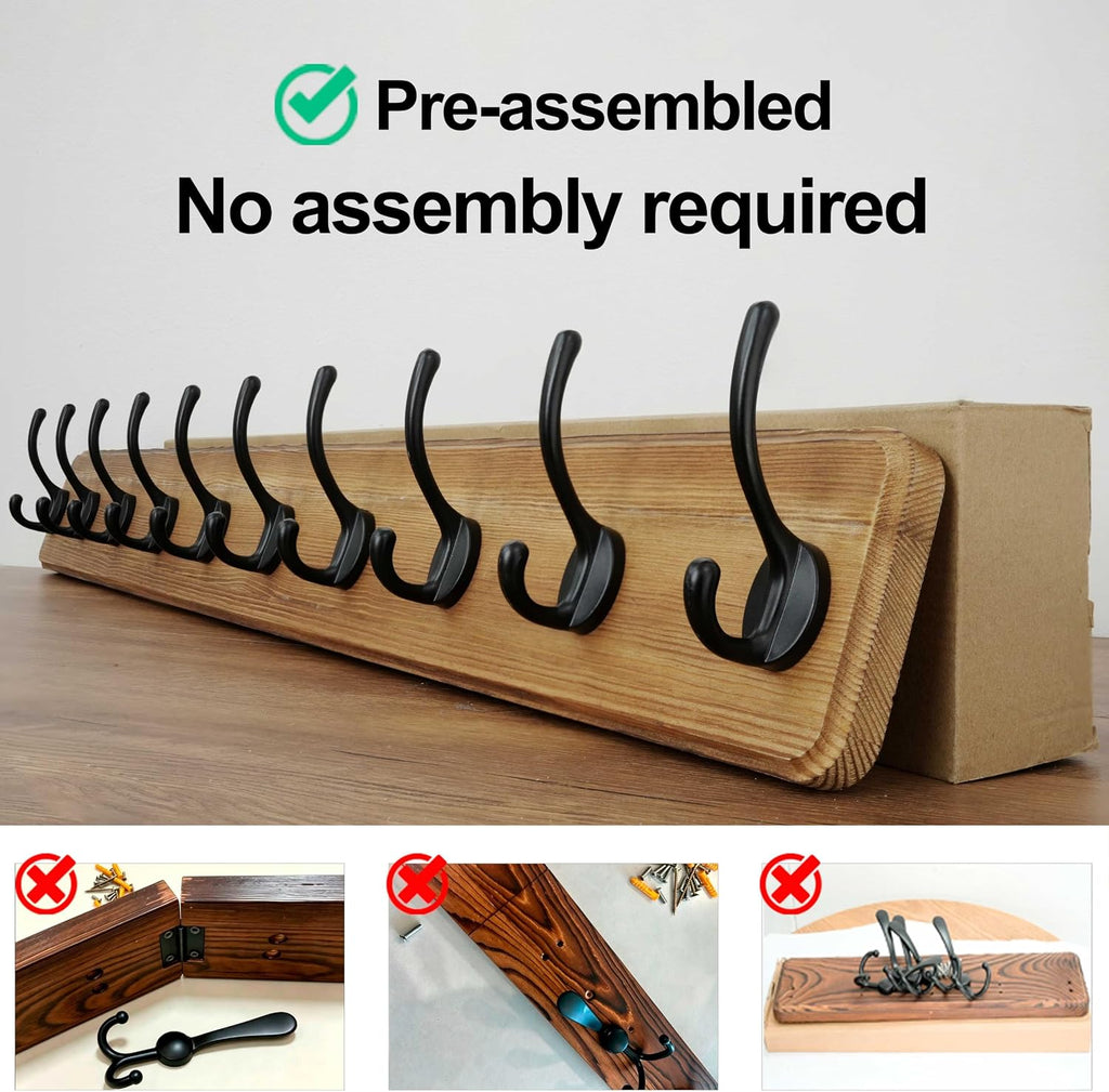 WEBI Rustic Coat Rack Wall Mount,10 Hooks,38 9/16" Long Coat Hooks Wall Mounted,16’’ Hole to Hole,Wood Coat Hanger Wall,Hook Rack Hooks for Hanging Coats,Jacket,Clothes,Hats,Brown