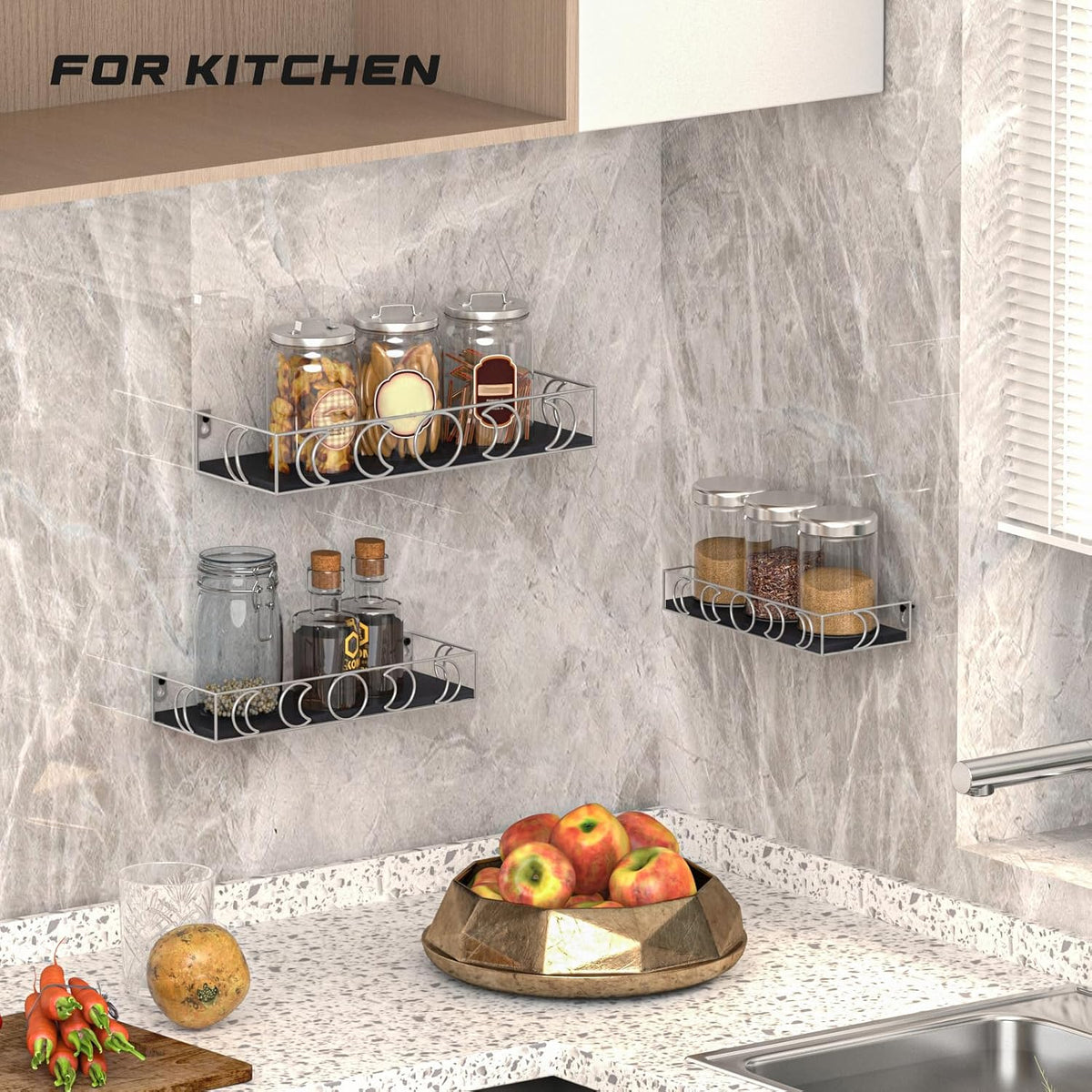 Moon Phase Wall Shelf, 3 Silver Side Black Base Floating Shelves