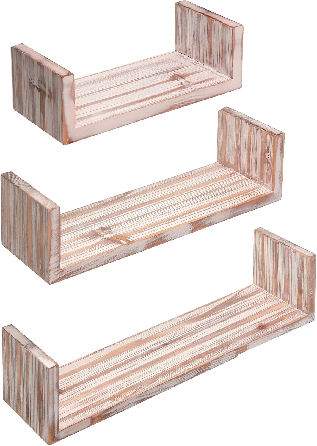Greenco Set of 3 Floating “U” Shelves, Easy-to-Assemble Floating Wall Mount Shelves for Bedrooms and Living Rooms, Rustic Finish