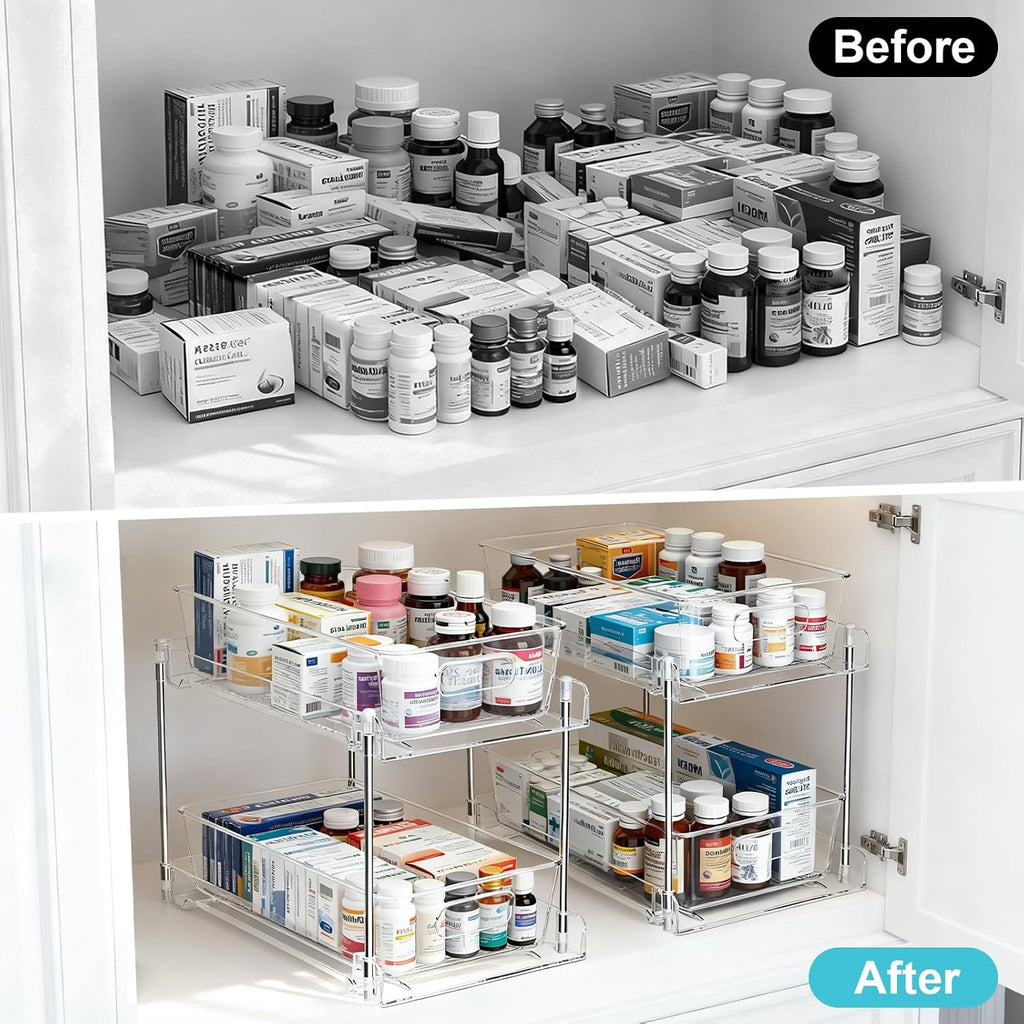 2 Tier Under Sink Organizer Bathroom Organizers and Storage, Clear Stackable Bathroom Cabinet Organizer, Multipurpose Pull-Out Home Organizer for Kitchen and Pantry Storage 2 Pack
