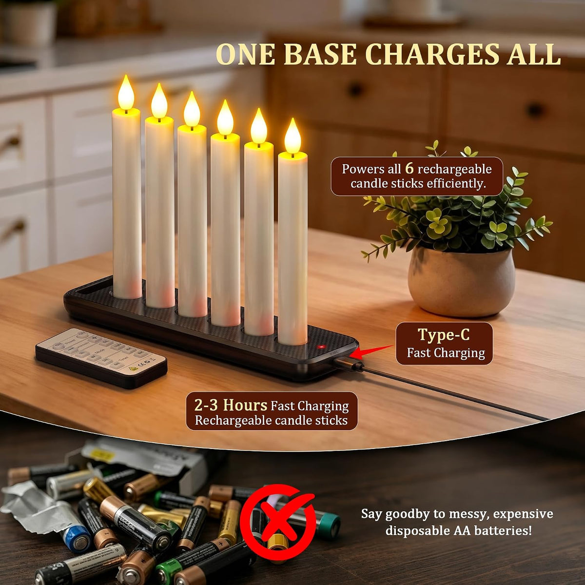 SoulBay Rechargeable Flameless Taper Candles with Charging Base & Remote