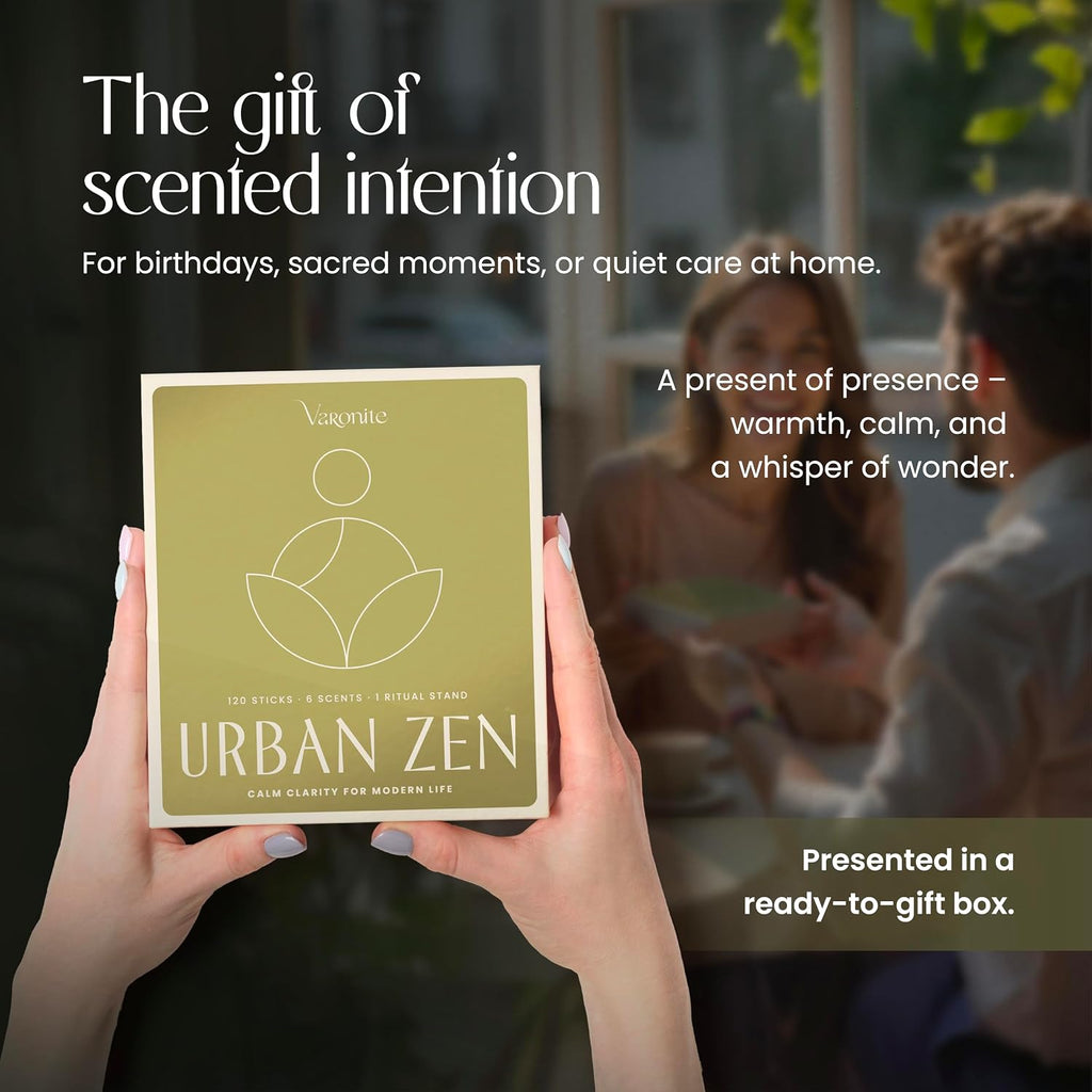 Urban Zen Incense Sticks with Holder - Incense Stick Variety Pack (120 Insence-Sticks) - Bergamot, Lavender, Matcha, Lemongrass, Cedar, Jasmine – Relaxation, Mindful Living & Home Fragrance