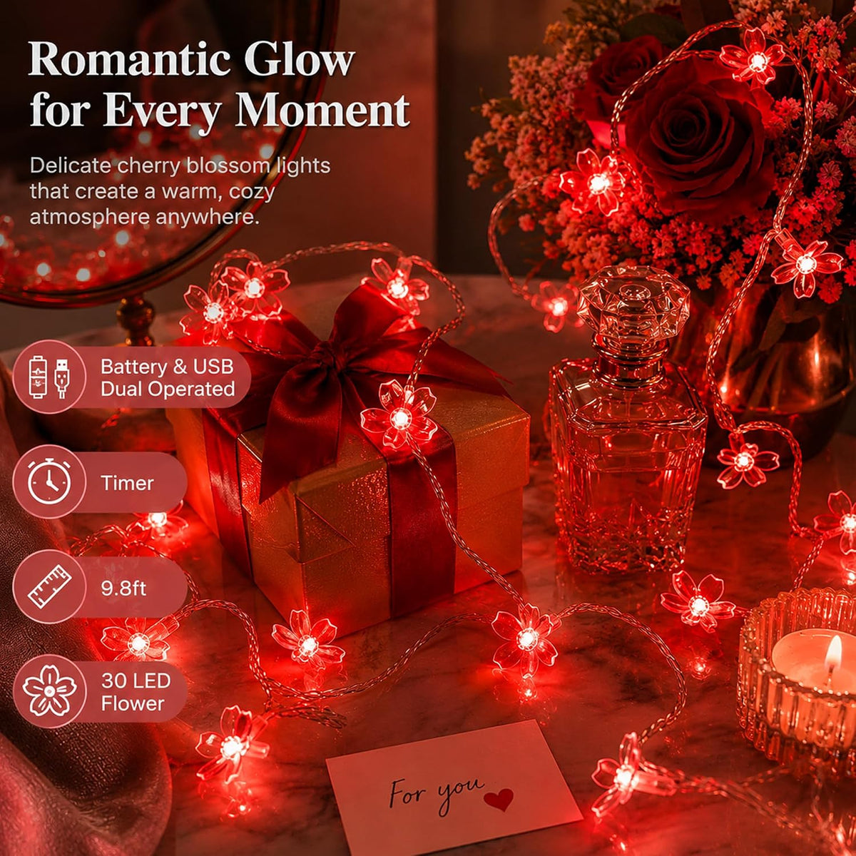 30 LED Red Flower Fairy Lights, Battery/USB Operated, Romantic Floral Decor