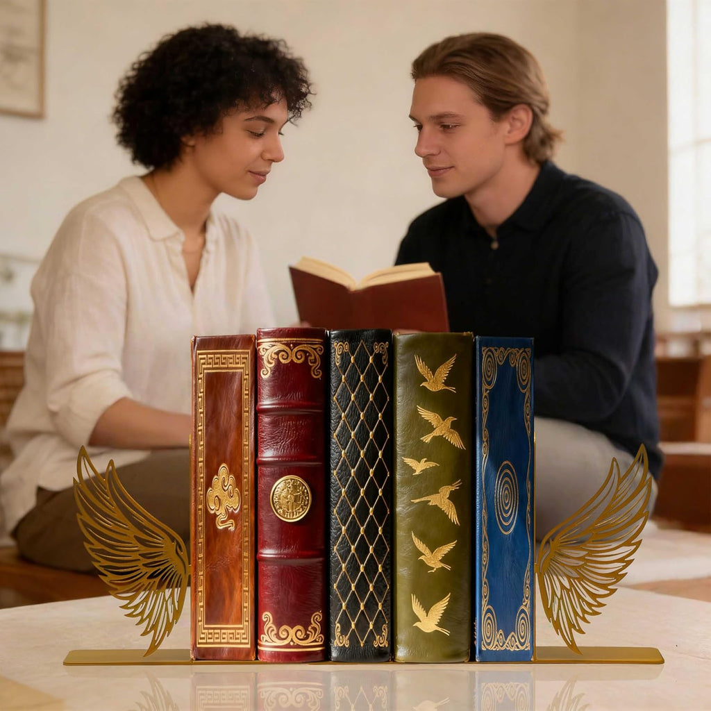 Gold Angel Wings Metal Bookends – Decorative Metal Book Ends for Shelves, Cute Gold Book Holders, Unique Book Stoppers for Home Decor (8.1" x 1.2" x 5.1")