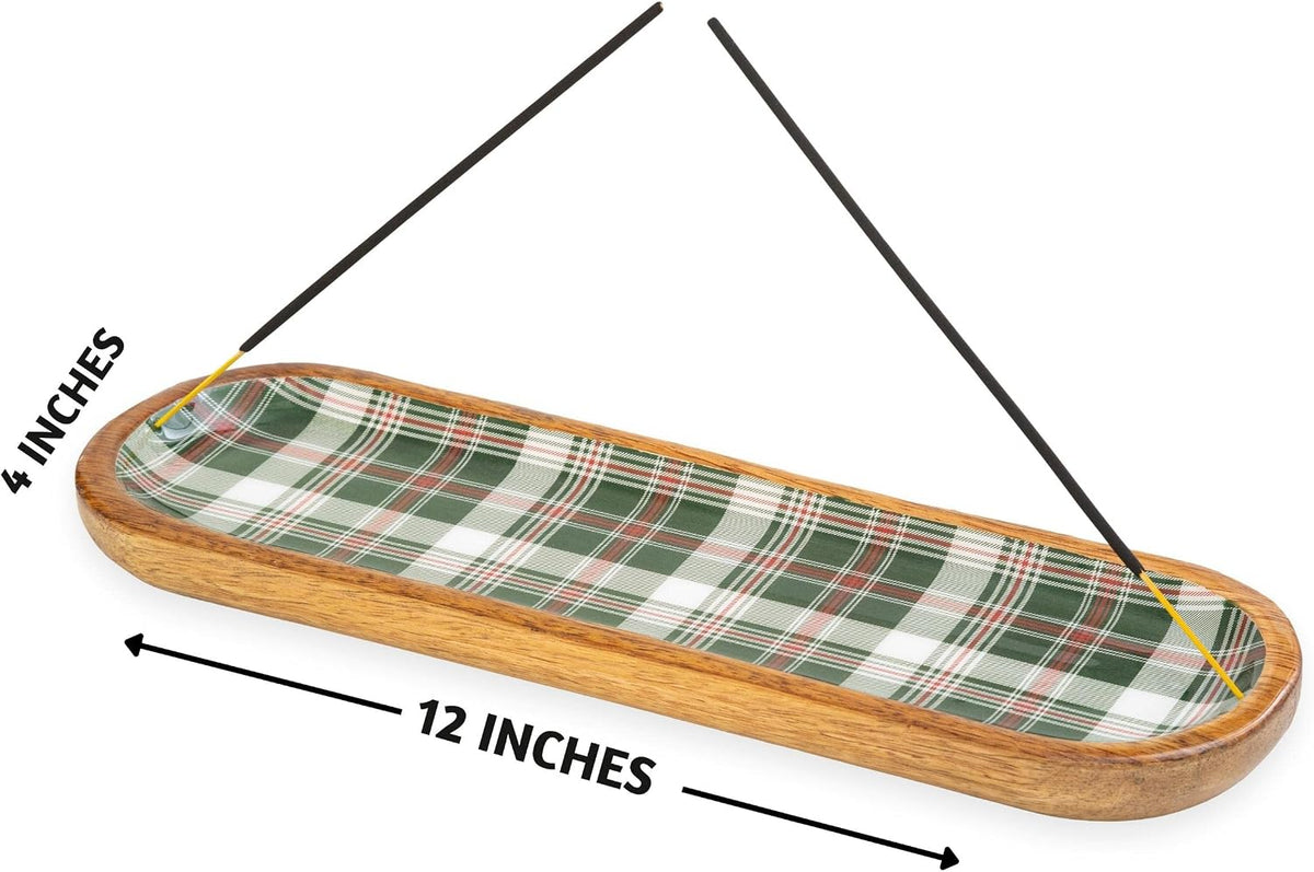 Folkulture Incense Holder or Incense Burner, Modern Incense Holder for Sticks, Ash Catcher or Insence Stick Holder for Housewarming Gifts, Wooden Incense Tray for Sticks, Green Plaid