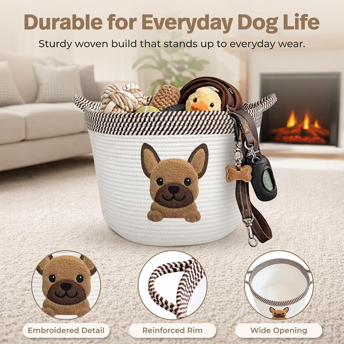 French Bulldog Dog Toy Basket, Pug and Boston Terrier, Cotton Rope Bin