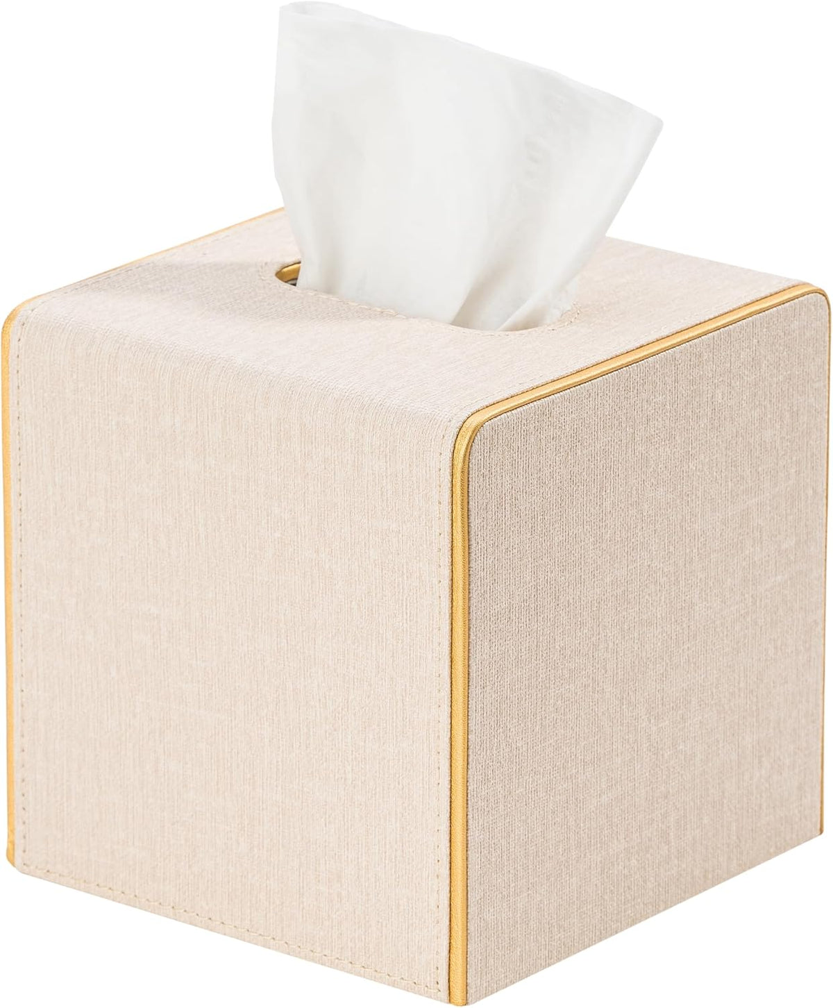 Ukwell Square Tissue Box Cover Linen-Textured Faux Leather Tissue Holder with Gold Trim Neutral Modern Home Decor Piece for Home & Office