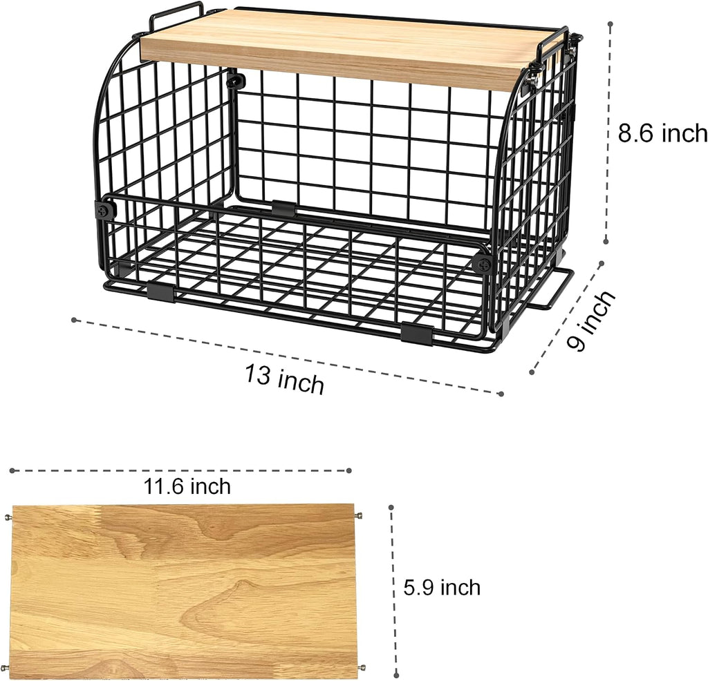 2 Set Stackable Wire Basket with Openable Top, Kitchen Counter, Pantry Organizer and Storage Produce Onion Potato Fruits Vegs Bread Food Snack Spice Organizing Bin for Cabinet Shelf Countertop Floor