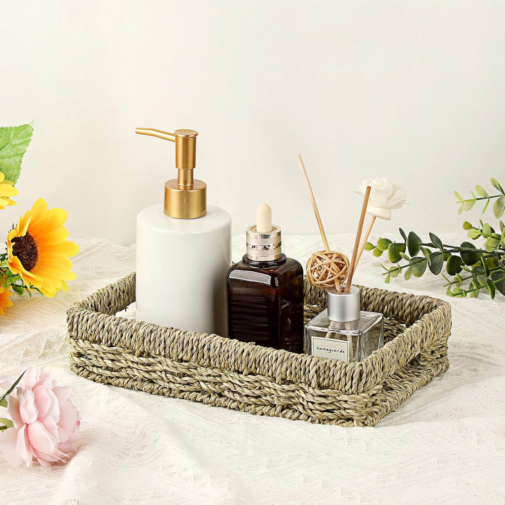 Bathroom Vanity Tray, Seagrass Narrow Counter Basket with Handles
