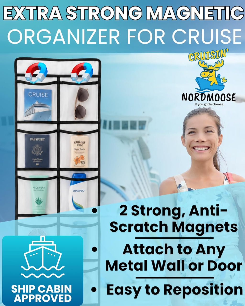 Magnetic Cruise Organizer 14 Pockets, 61" x 11,4" With Pocket Size 7" x 5,3" - Over The Door Organizer For Cruise Ships, Magnetic + Hook Mount, Large Durable Pockets for Cruise Essentials 2026