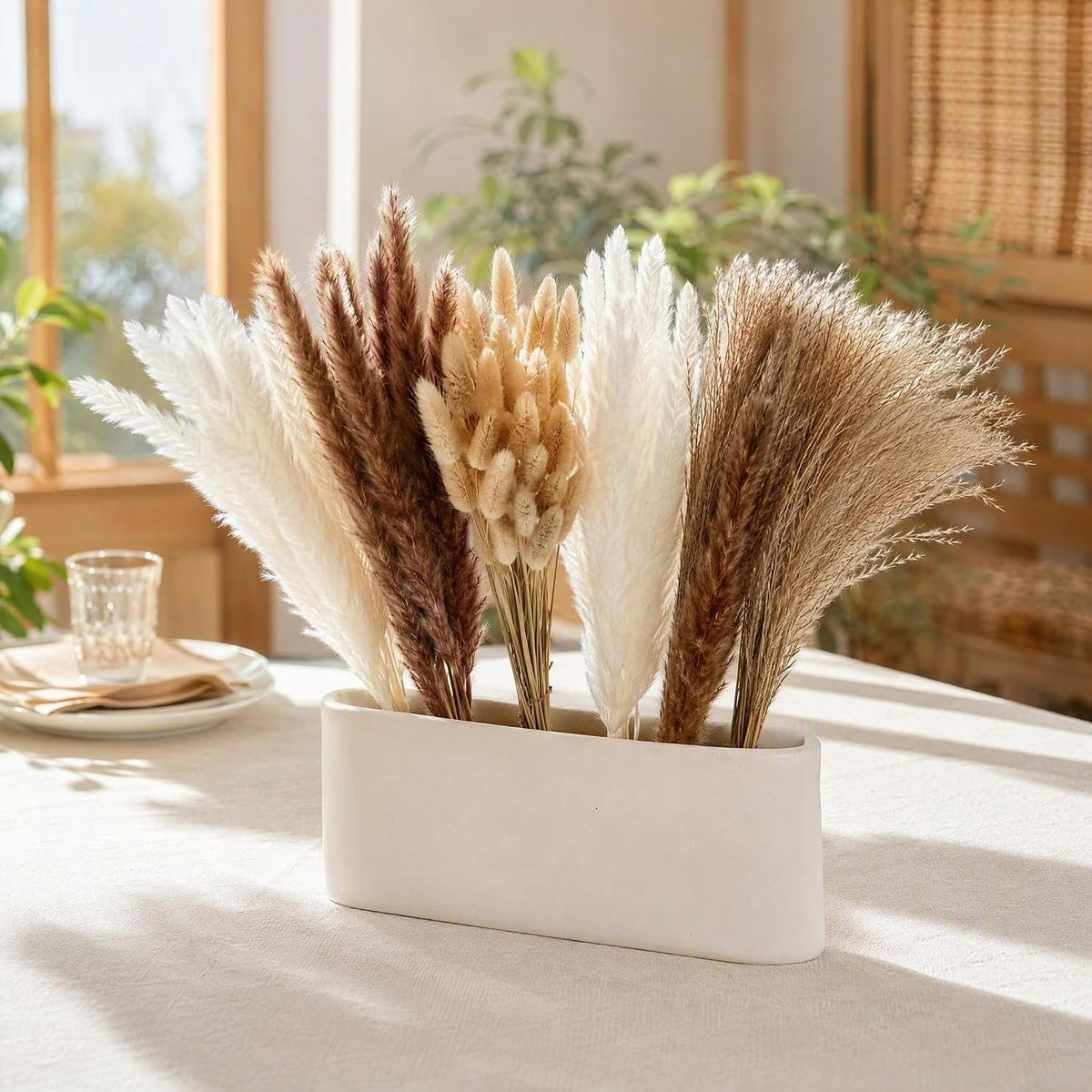 Dried Pampas Grass, 17 Inch, 110 Stems, 6 Bundles, Natural & White Tones