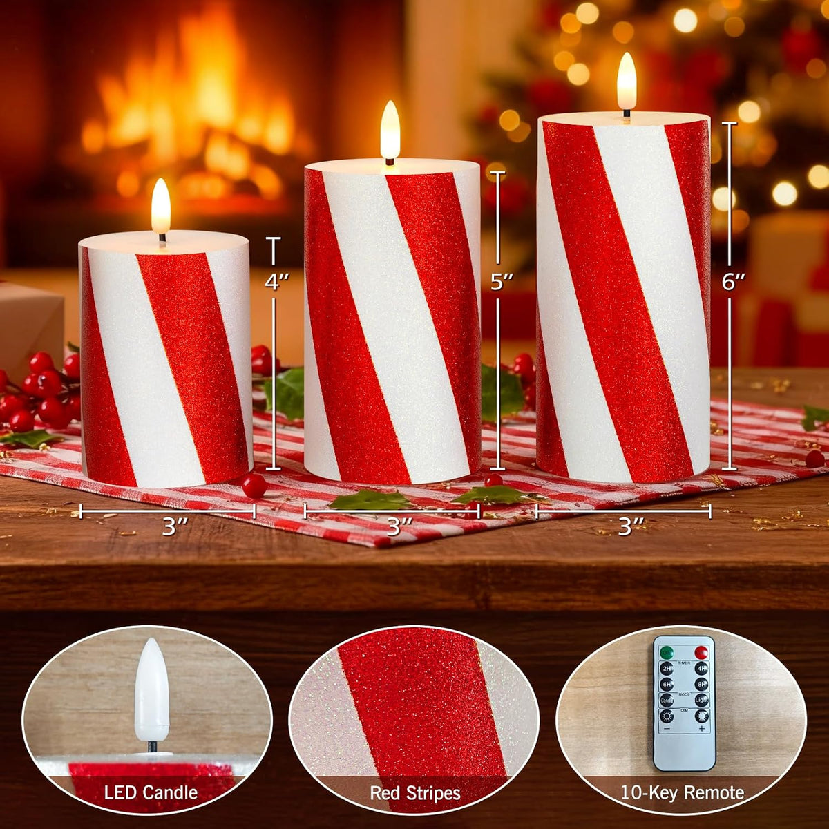 Red Striped Glitter Flameless Candles, Battery Operated LED Pillar Lights with Remote Timer, Real Wax Decorative Candles for Holiday Home Party Decor, Set of 3 (D3 x H4 5" 6")