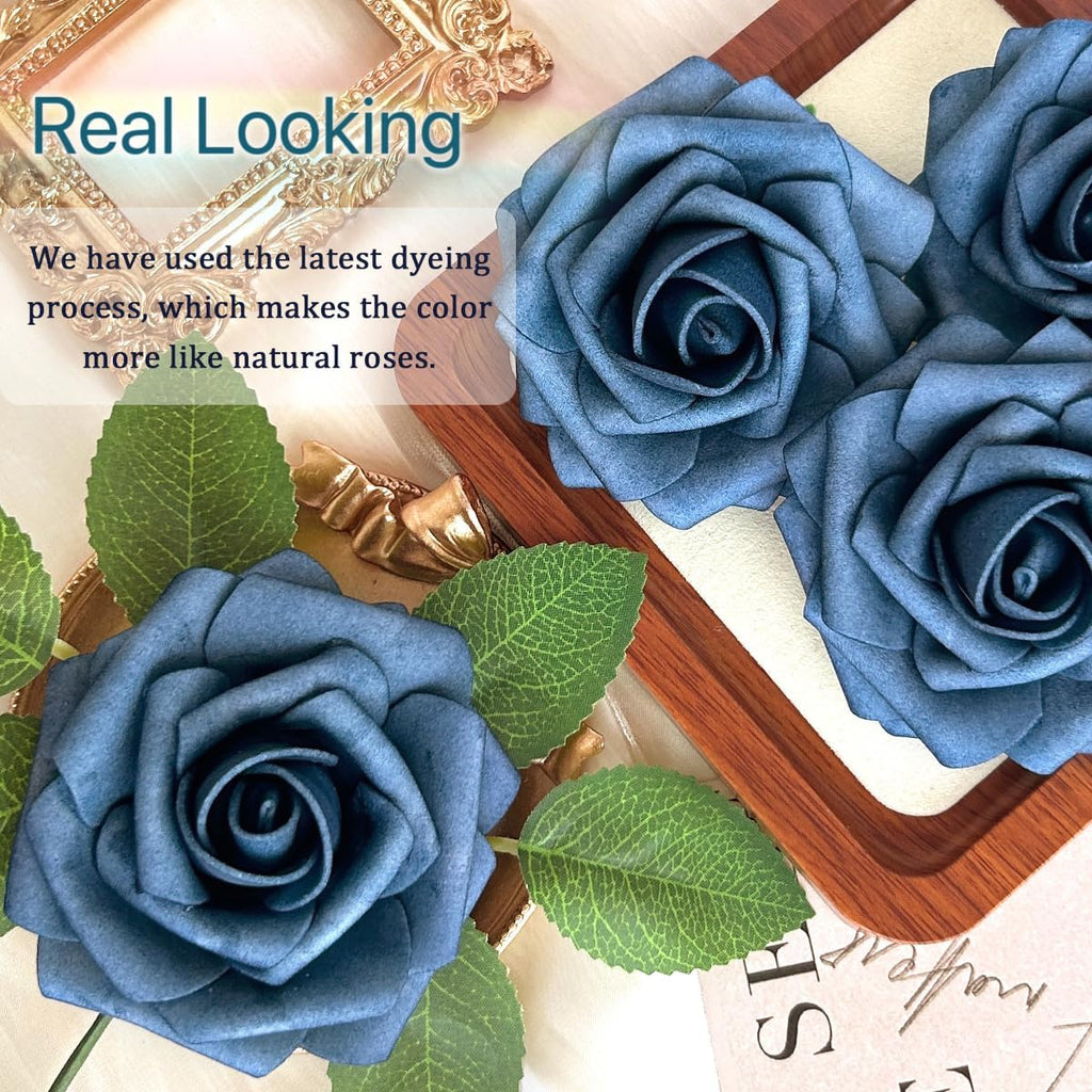 25pcs Dusty Blue Shades Foam Fake Rose with Stems 8 Leaves Real Looking Artificial Flowers Faux Navy Blue Roses for Wedding Bouquets Bridal Shower Centerpieces Arrangements Party Tables Decorations