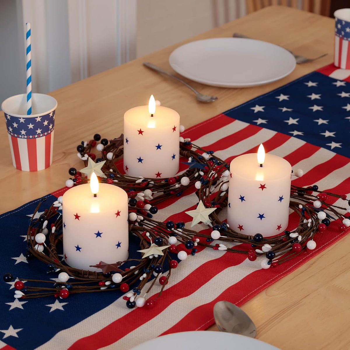 4th of July Flameless Pillar Candles with Red White and Blue Star Stickers, 250th Anniversary Patriotic Battery Operated LED Pillar Candles with Remote and Timer, Real Wax Candle Set of 3