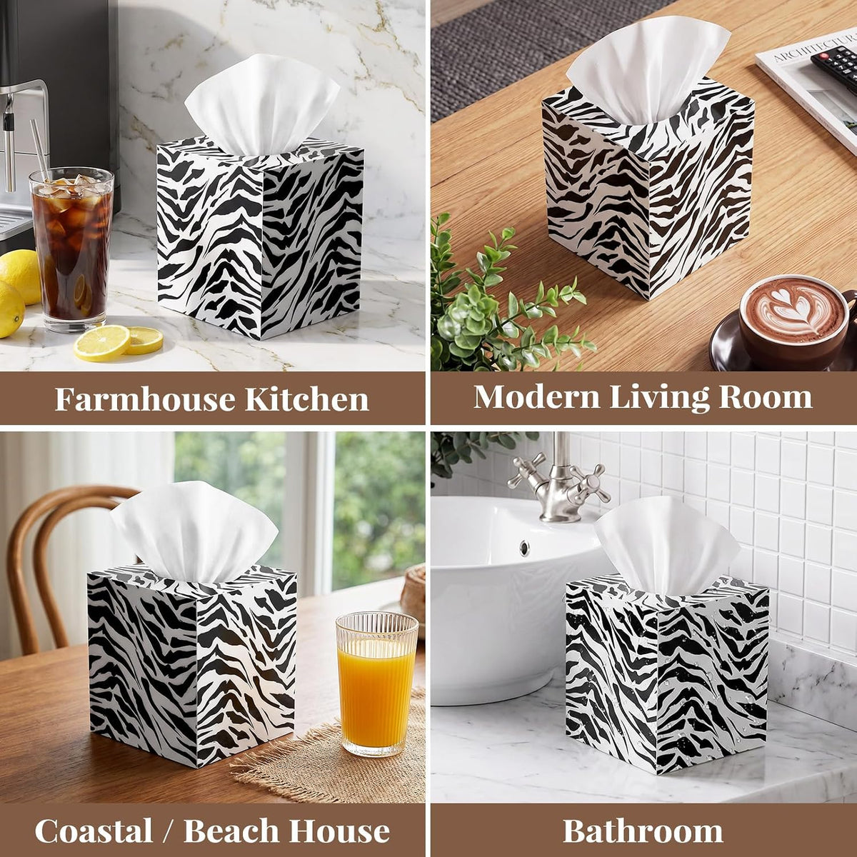 SquareTissue Box Cover, Classic Zebra Print, Bold Monochrome Zebra Design