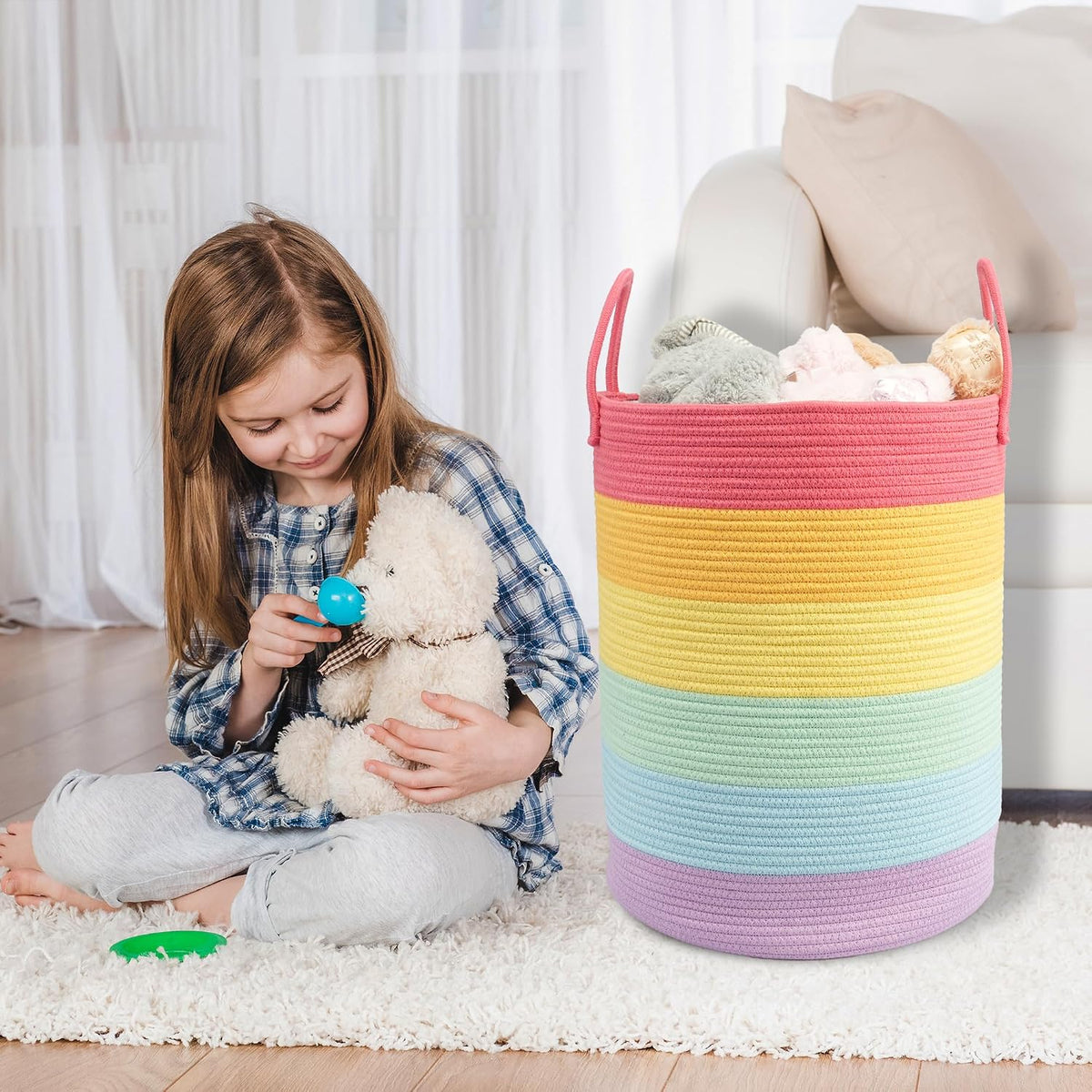 Woven Cotton Rope Laundry Basket, 15" x 20" Laundry Hamper, Rainbow