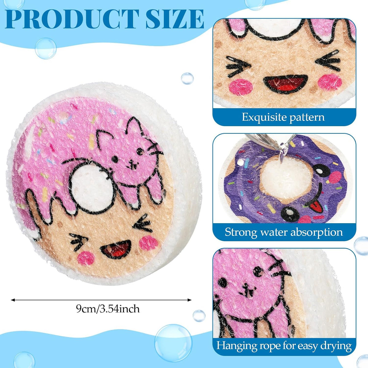 Newtay 8 Pack Cute Kitchen Sponges Dish Set Compressed Non-Scratch Reusable Kitchen Cleaning Household Sponges for Dishes, Pans, Kitchen, Fruit, Plate, Bathroom(Donut)